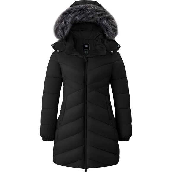Women's Long Winter Coat Waterproof Warm Quilted Puffer Jacket with Faux Fur Hoo